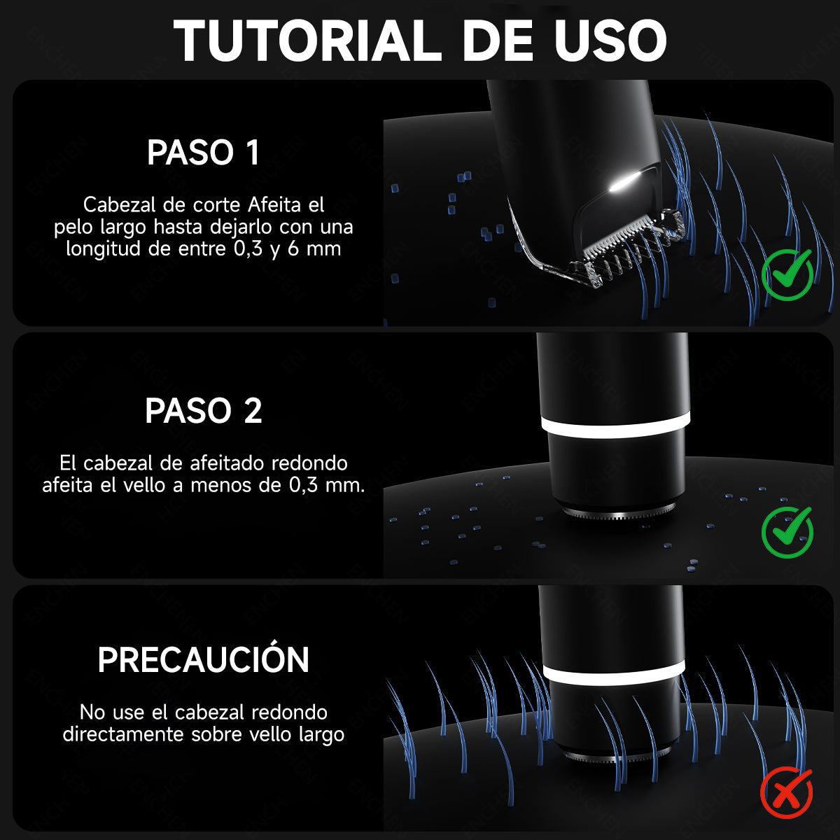 Depiladora Eléctrica 2 En 1, Afeitadora Portátil De 8000 Rpm, Carga Rápida, Para hombres y mujeres, Uso corporal completo Negro Enchen
