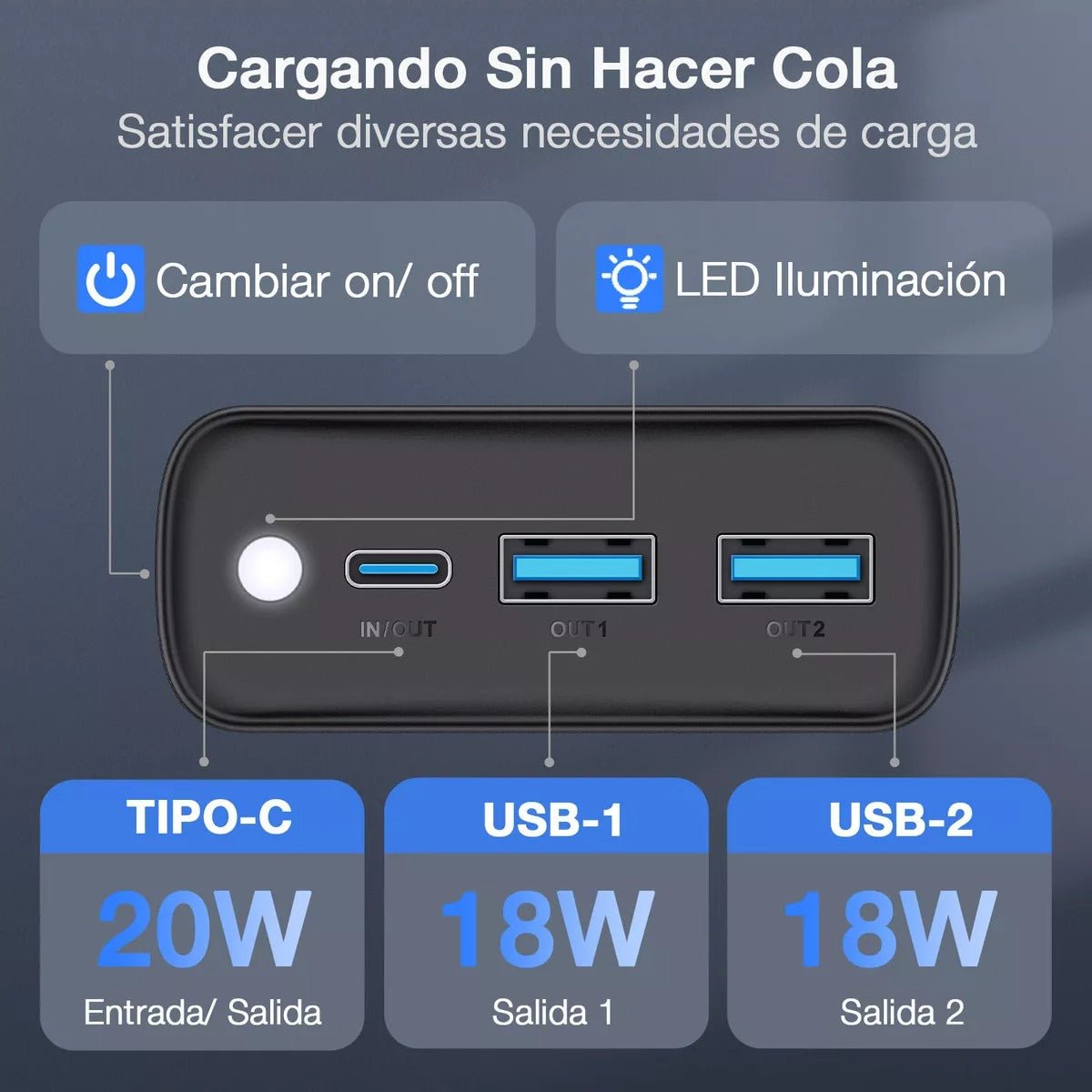 1hora Power Bank 20000mAh 20W PD, Carga Rápida, 2 Puertos USB, Luz LED - Orro Home Mexico