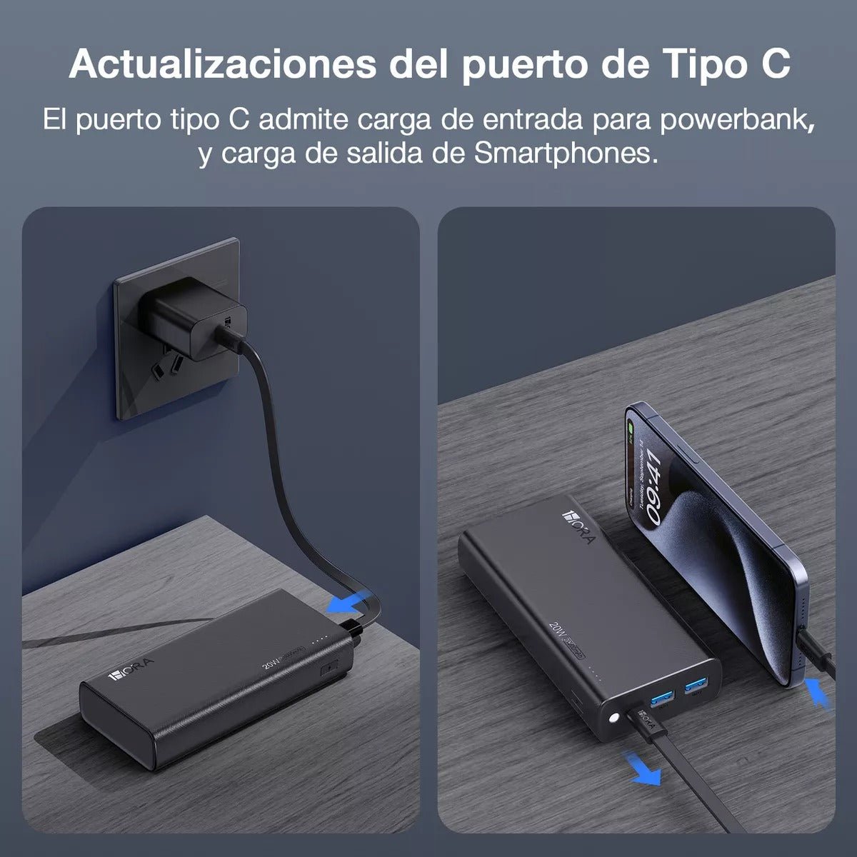 1hora Power Bank 20000mAh 20W PD, Carga Rápida, 2 Puertos USB, Luz LED - Orro Home Mexico