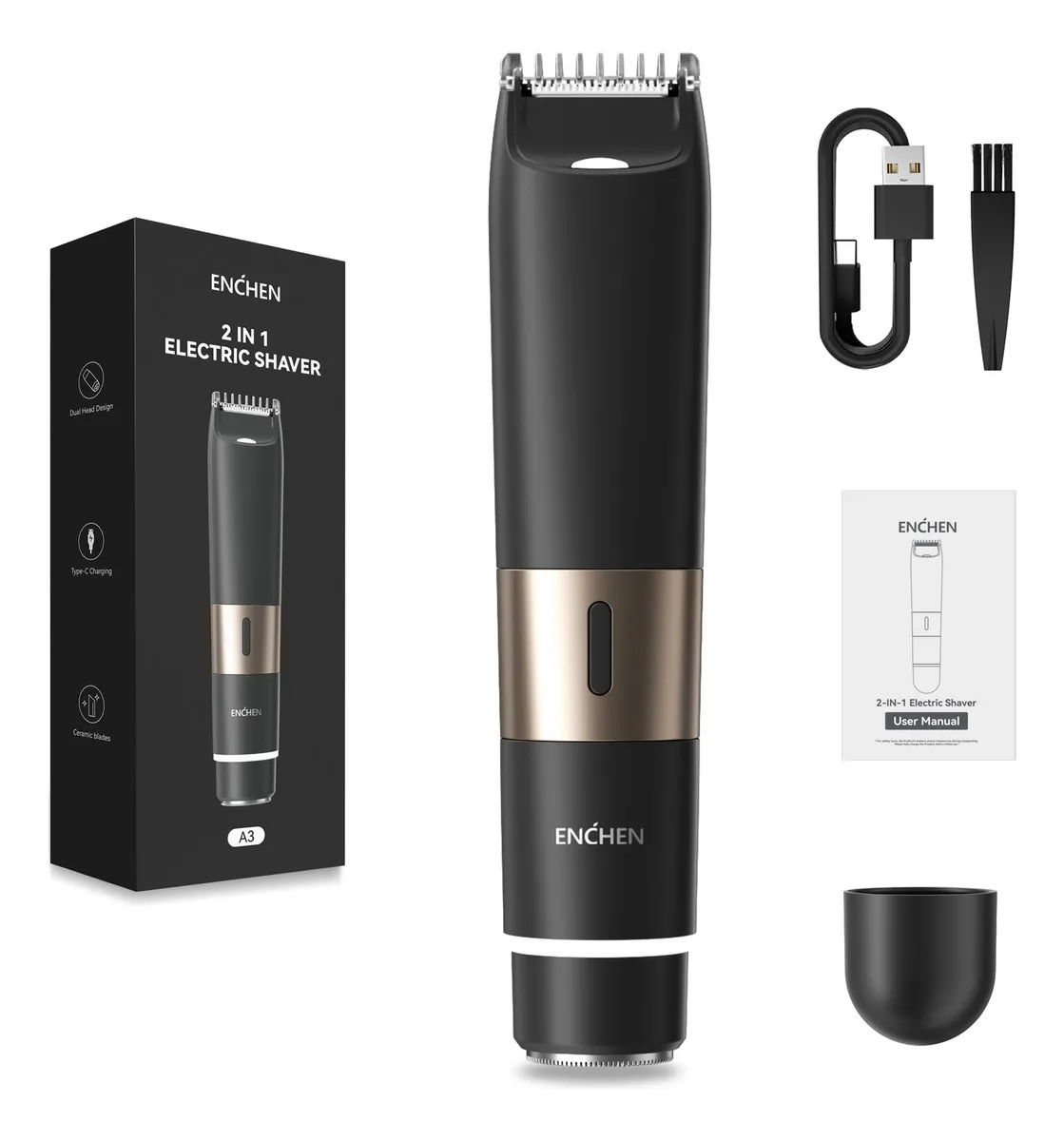 Depiladora Eléctrica 2 En 1, Afeitadora Portátil De 8000 Rpm, Carga Rápida, Para hombres y mujeres, Uso corporal completo Negro Enchen