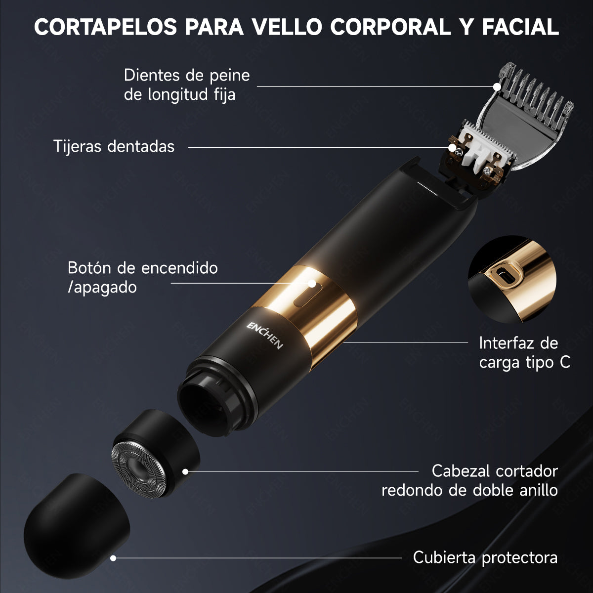 Depiladora Eléctrica 2 En 1, Afeitadora Portátil De 8000 Rpm, Carga Rápida, Para hombres y mujeres, Uso corporal completo Negro Enchen