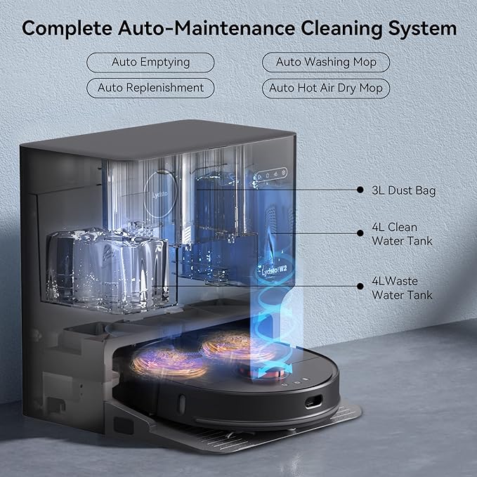 Lydsto W2 Robot aspirador y trapeador combinado con limpieza automática y secado automático y autovaciado con radar LDS2.0, succión de 5000 Pa, pantalla LED WiFi, control de aplicación (negro) - Orro Home Mexico
