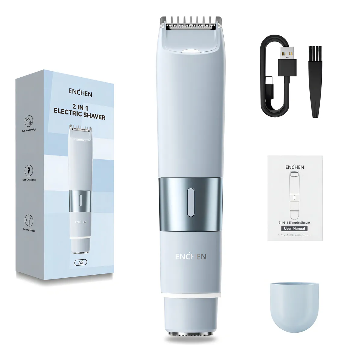 Depiladora Eléctrica 2 En 1, Afeitadora Portátil De 8000 Rpm, Carga Rápida, Para Hombres Y Mujeres, Uso Corporal Completo Azul claro Enchen