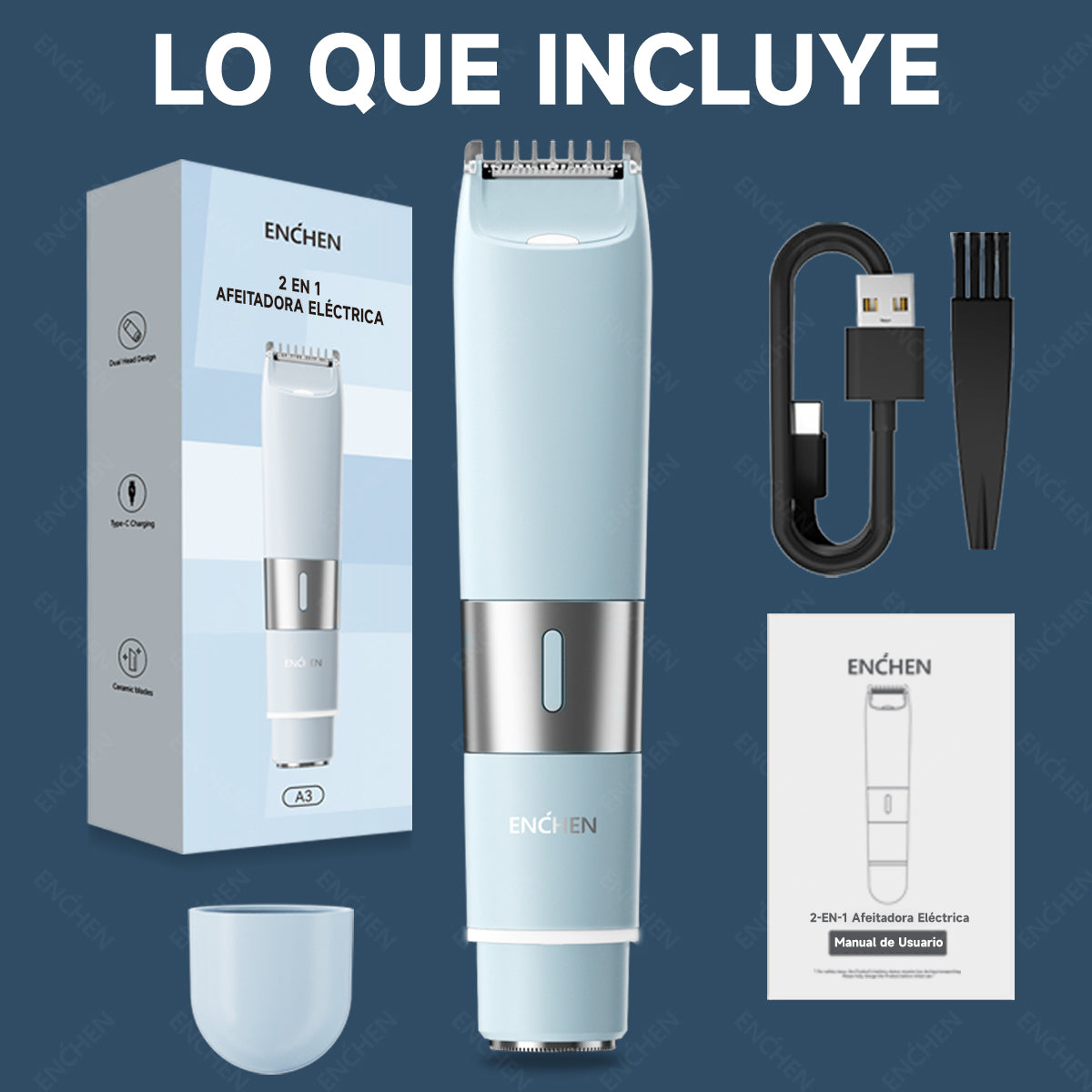 Depiladora Eléctrica 2 En 1, Afeitadora Portátil De 8000 Rpm, Carga Rápida, Para Hombres Y Mujeres, Uso Corporal Completo Azul claro Enchen