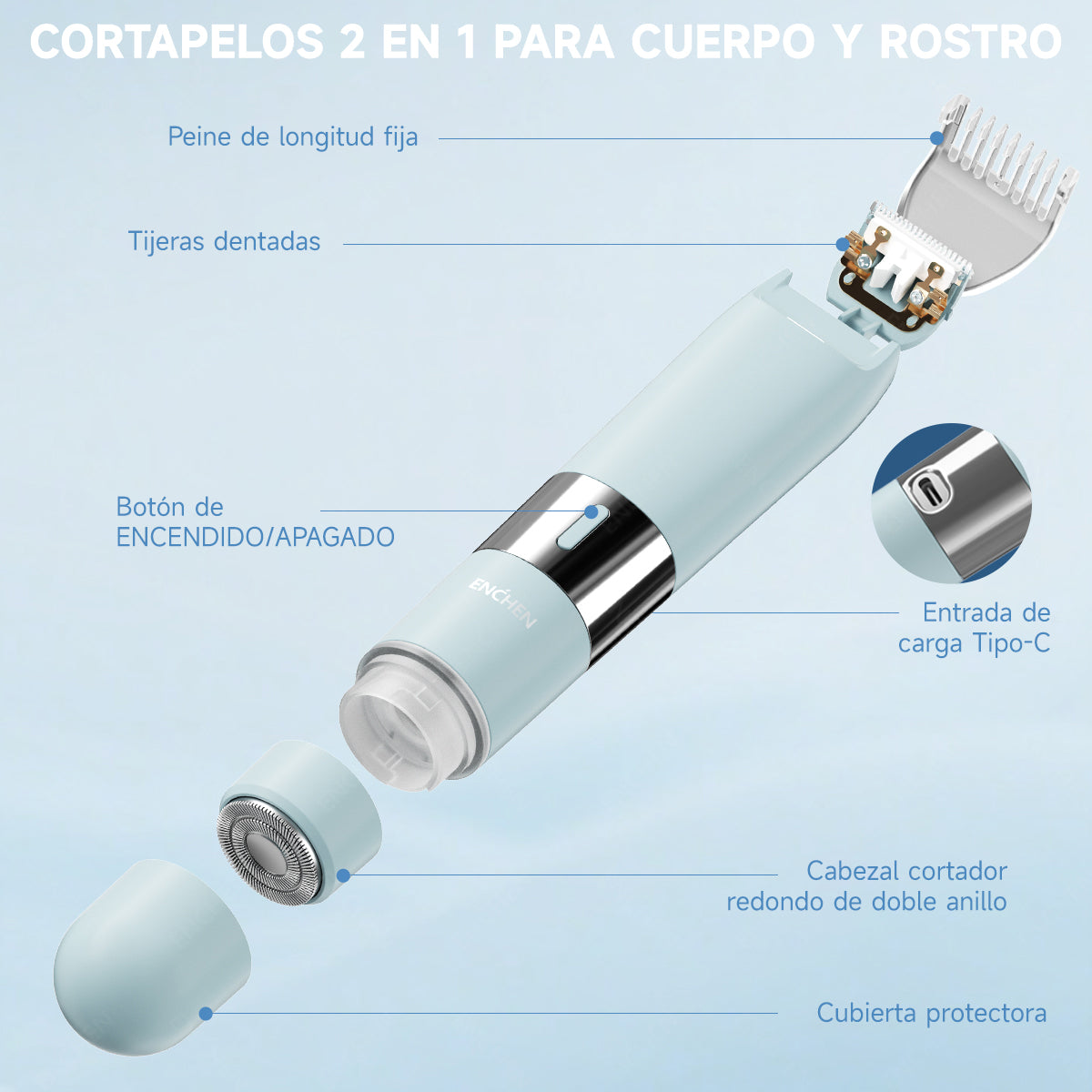 Depiladora Eléctrica 2 En 1, Afeitadora Portátil De 8000 Rpm, Carga Rápida, Para Hombres Y Mujeres, Uso Corporal Completo Azul claro Enchen