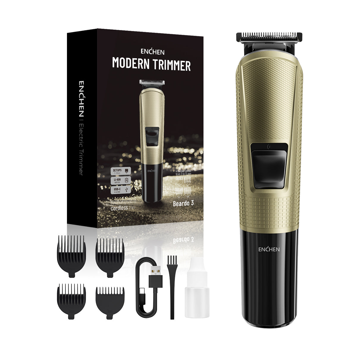 Maquina Cortar Cabello Profesional Trimmer Kit 8 Piezas Recargable Usb 8000 Rpm 1.5 Horas Uso Para Hombre Cabello y Barba ENCHEN Beardo3