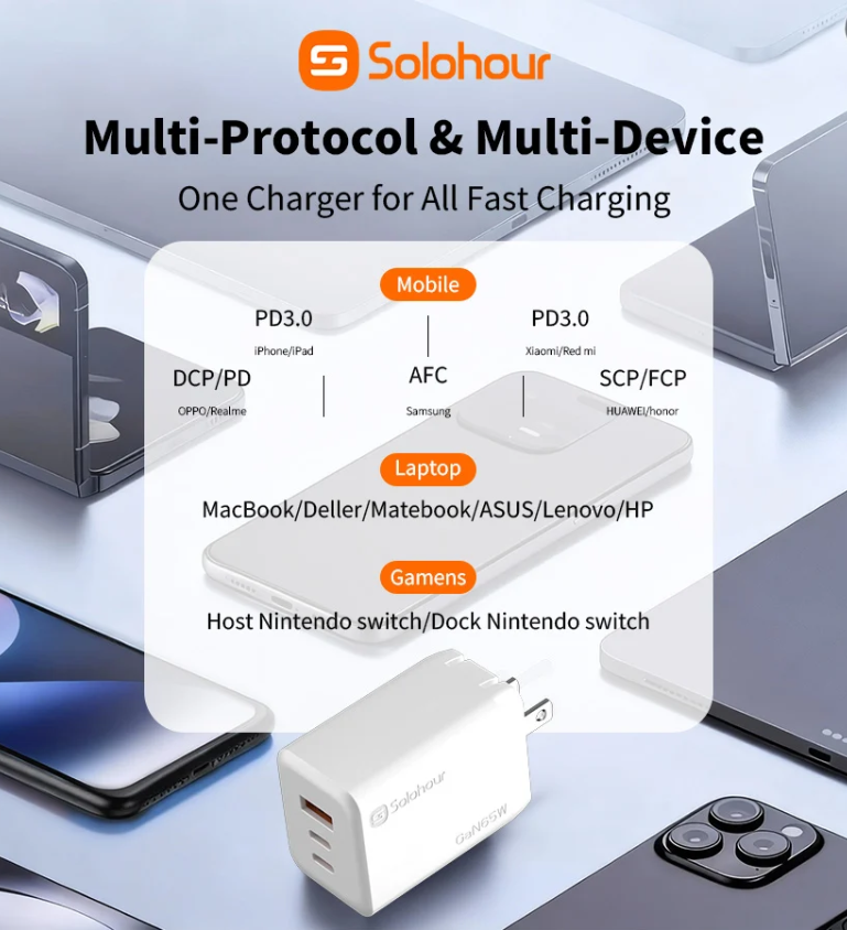 Cargador ultrarrápido GaN de 65 W con cable USB-C de 1 m (3 puertos | 2 USB-C + 1 USB-A) Enchufe europeo
